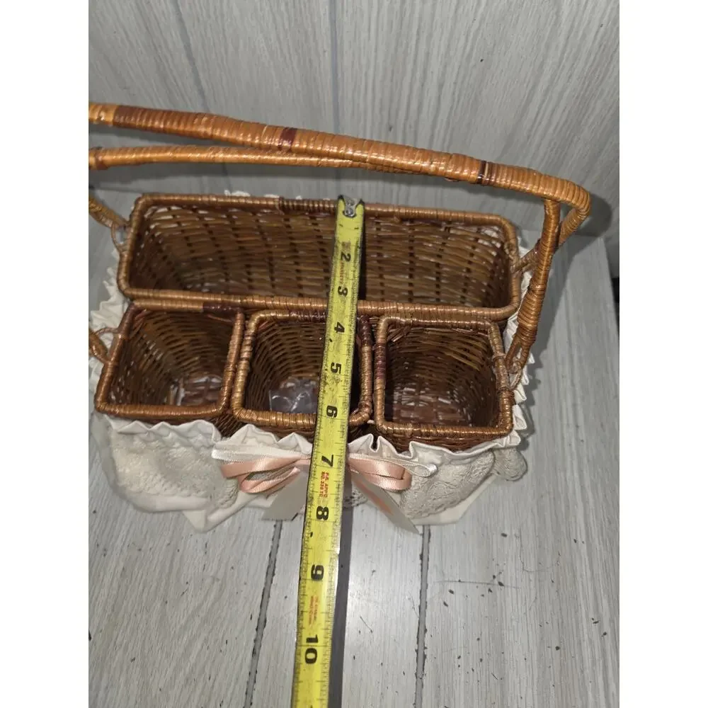 Vintage Wicker Basket Storage Caddy Silverware Picinic Organizer Heart Lace Bow